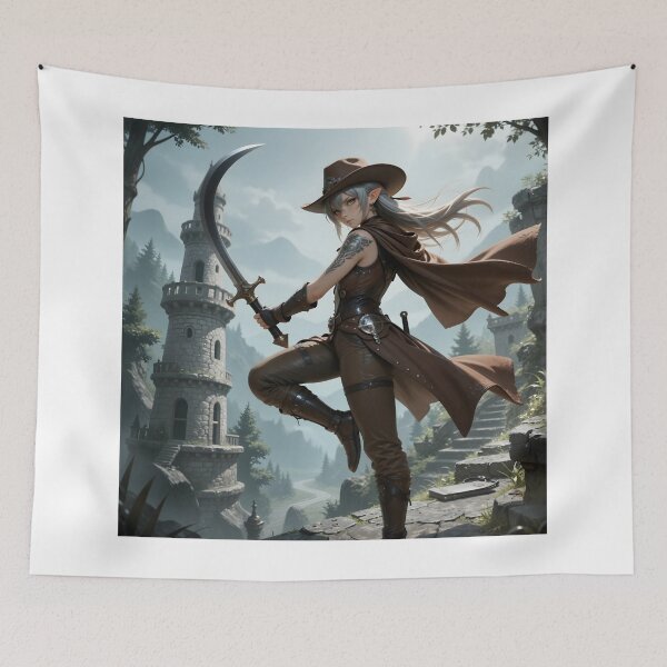 Item preview, Elven Swordswoman with Crescent Sword Fantasy Western Anime Warrior designed and sold by Killington.