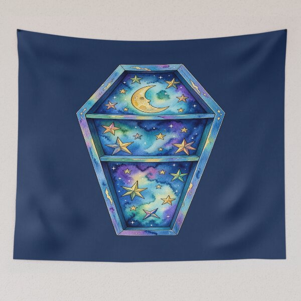 Item preview, Celestial Coffin Moon & Stars Gothic Watercolor Art designed and sold by Hari Arts.