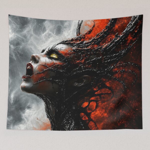 Item preview, Dark Demon Woman Wall Art – Gothic Fantasy Demon Portrait in Black and Red designed and sold by DrakariArt.