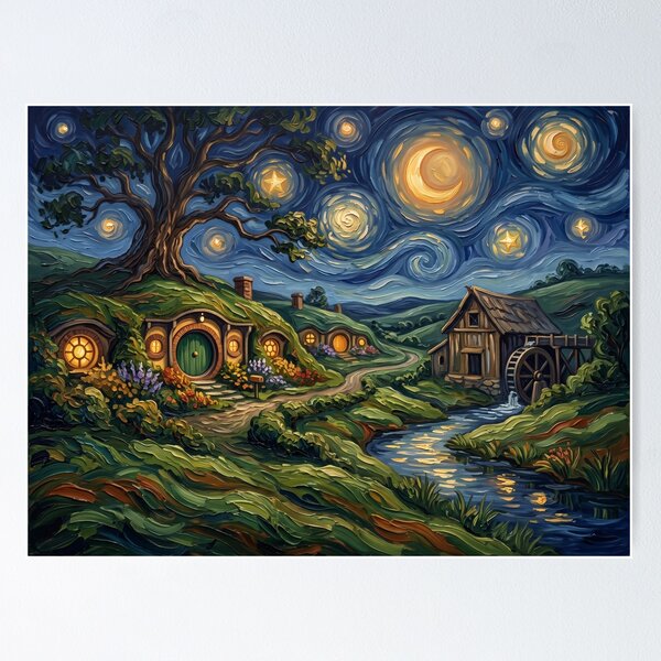 Item preview, The Shire Starry Night Fantasy Landscape designed and sold by Bad-Decisions-Designs.