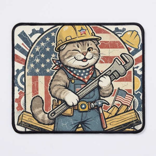 Item preview, Labor Day Cat – Orange Tabby Construction Worker with Wrench and American Flag designed and sold by Ghostlycats2026.