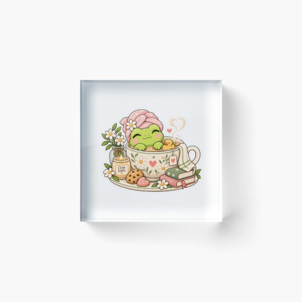 Item preview, Cute green frog enjoying a cozy warm bath with books and flowers designed and sold by CHERRY--SHOP.