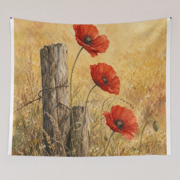 Item preview, Poppies at the Fence Line Watercolour designed and sold by GoldenHourWalls.