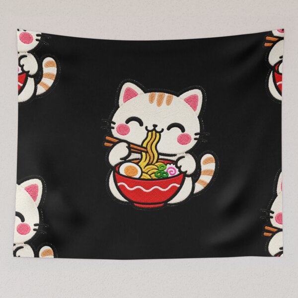 Item preview, Cute Cat Eating Ramen Kawaii Embroidery Patch designed and sold by ColorSplash123.