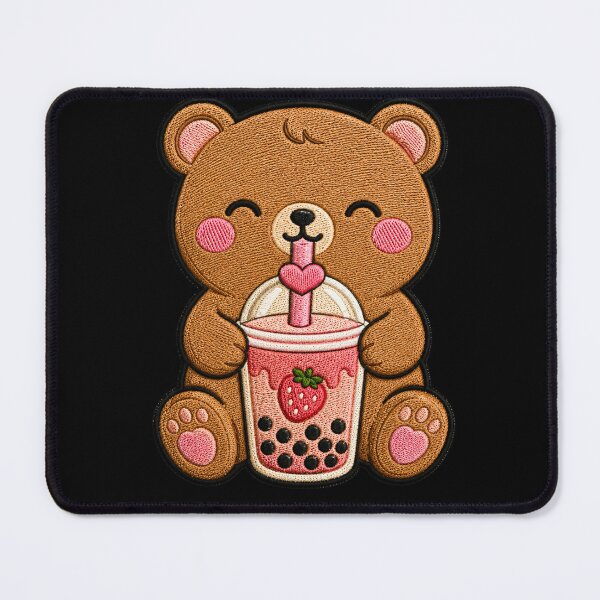 Item preview, Cute Bear Drinking Strawberry Boba Kawaii Embroidery Patch designed and sold by ColorSplash123.
