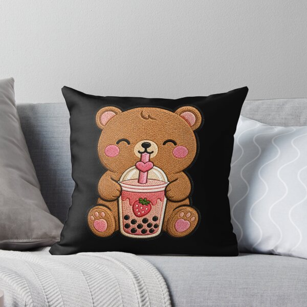 Item preview, Cute Bear Drinking Strawberry Boba Kawaii Embroidery Patch designed and sold by ColorSplash123.