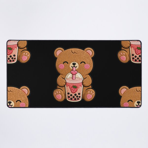 Item preview, Cute Bear Drinking Strawberry Boba Kawaii Embroidery Patch designed and sold by ColorSplash123.