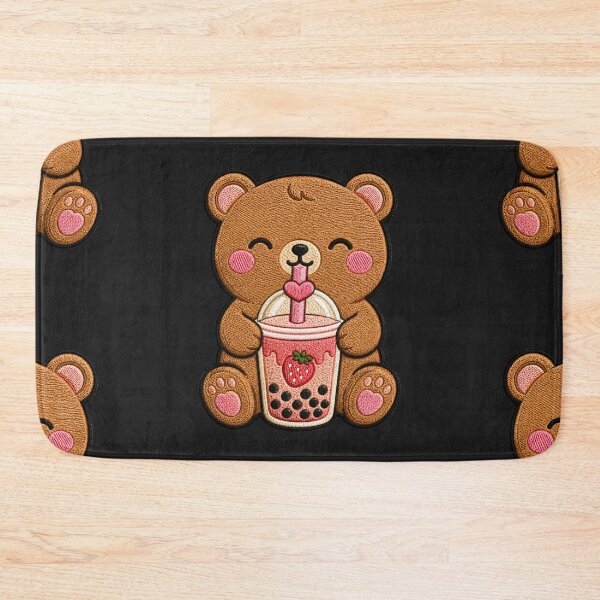 Item preview, Cute Bear Drinking Strawberry Boba Kawaii Embroidery Patch designed and sold by ColorSplash123.