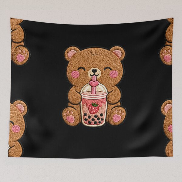 Item preview, Cute Bear Drinking Strawberry Boba Kawaii Embroidery Patch designed and sold by ColorSplash123.