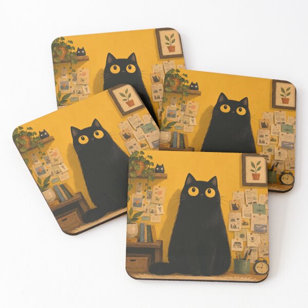Item preview, Cozy Black Cat Yellow Study Room Aesthetic Botanical Whimsical Art designed and sold by The Upside Down.