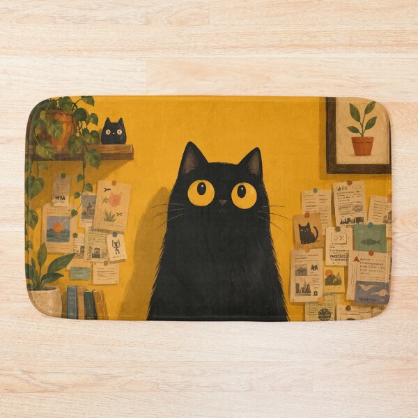 Item preview, Cozy Black Cat Yellow Study Room Aesthetic Botanical Whimsical Art designed and sold by The Upside Down.