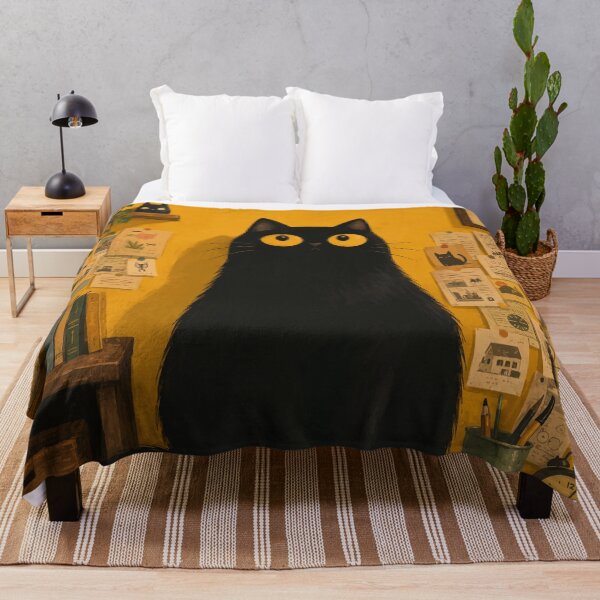 Item preview, Cozy Black Cat Yellow Study Room Aesthetic Botanical Whimsical Art designed and sold by The Upside Down.