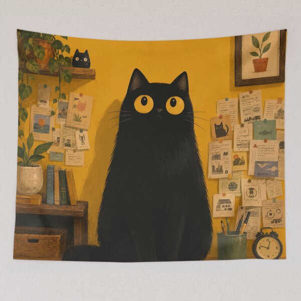 Item preview, Cozy Black Cat Yellow Study Room Aesthetic Botanical Whimsical Art designed and sold by The Upside Down.