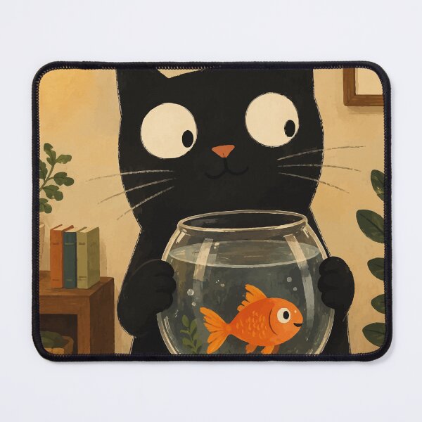 Item preview, Black Cat Holding Goldfish Bowl Cute Whimsical Botanical Aesthetic Art designed and sold by The Upside Down.