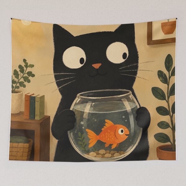 Item preview, Black Cat Holding Goldfish Bowl Cute Whimsical Botanical Aesthetic Art designed and sold by The Upside Down.