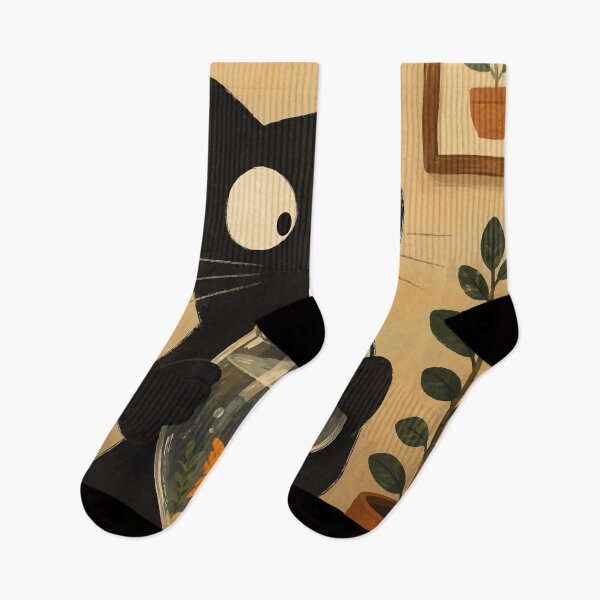 Item preview, Black Cat Holding Goldfish Bowl Cute Whimsical Botanical Aesthetic Art designed and sold by The Upside Down.