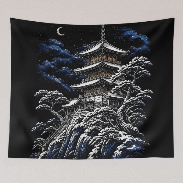 Item preview, Snowy Japanese Pagoda Temple Under Moonlit Night Sky designed and sold by GrinGalore.