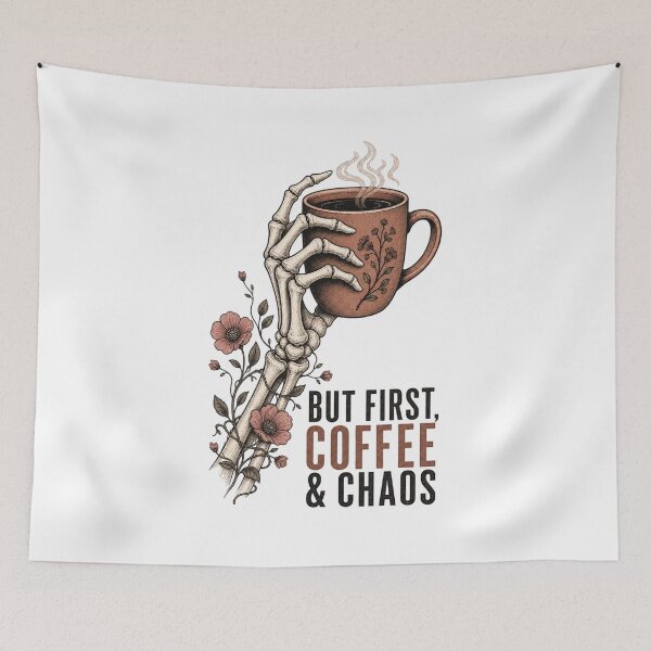 Item preview, But First Coffee & Chaos Shirt, Comfort Colors® Floral Skeleton Hand Tee, Funny Halloween Coffee Graphic designed and sold by TshirtsLabs.