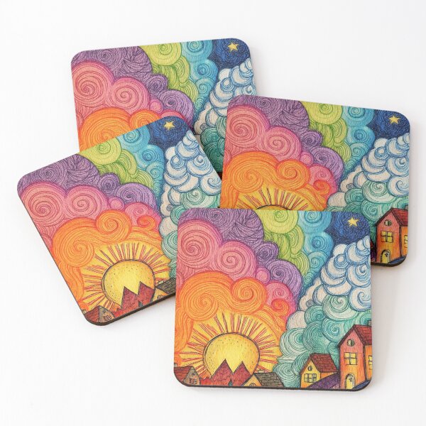 Item preview, Psychedelic Sun and Village Whimsical Landscape Illustration designed and sold by ArhaanFashions.