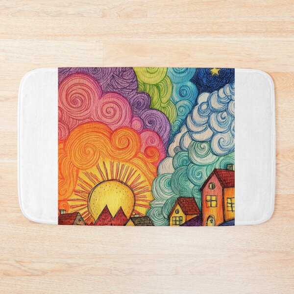 Item preview, Psychedelic Sun and Village Whimsical Landscape Illustration designed and sold by ArhaanFashions.