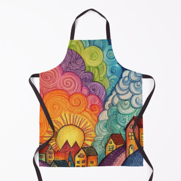 Item preview, Psychedelic Sun and Village Whimsical Landscape Illustration designed and sold by ArhaanFashions.