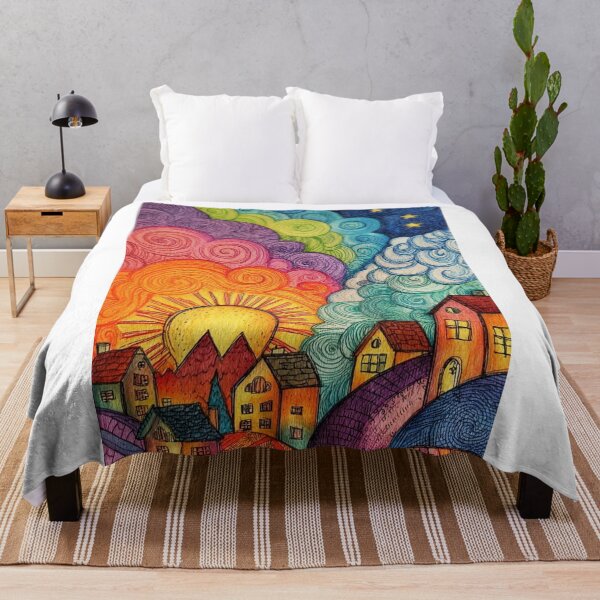 Item preview, Psychedelic Sun and Village Whimsical Landscape Illustration designed and sold by ArhaanFashions.