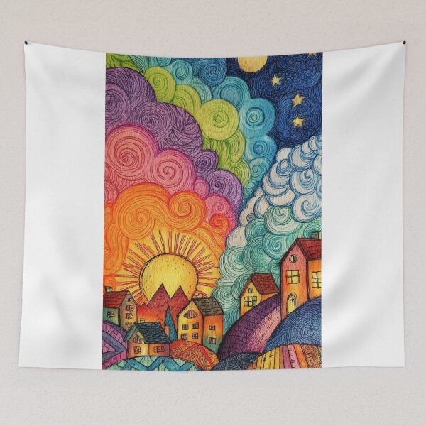 Item preview, Psychedelic Sun and Village Whimsical Landscape Illustration designed and sold by ArhaanFashions.