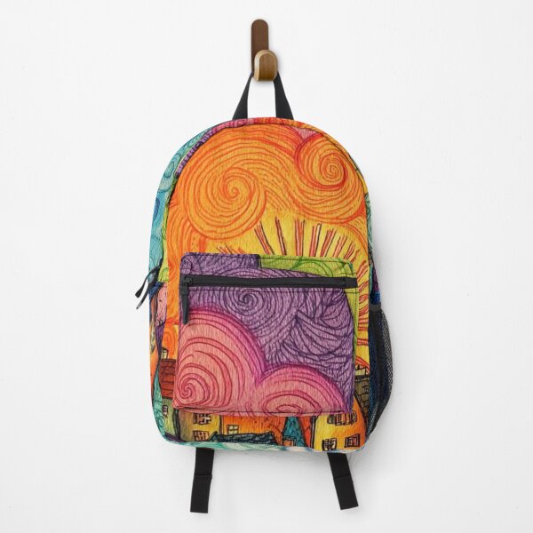 Item preview, Psychedelic Sun and Village Whimsical Landscape Illustration designed and sold by ArhaanFashions.