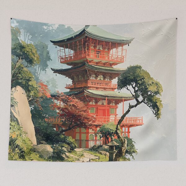 Item preview, Japanese Pagoda Temple Landscape Japan Travel Vintage Art designed and sold by GrinGalore.