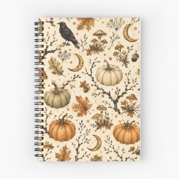 Item preview, Vintage Autumn Woodland Pattern with Pumpkins Ravens Mushrooms and Moon designed and sold by DreamPixelPrint.