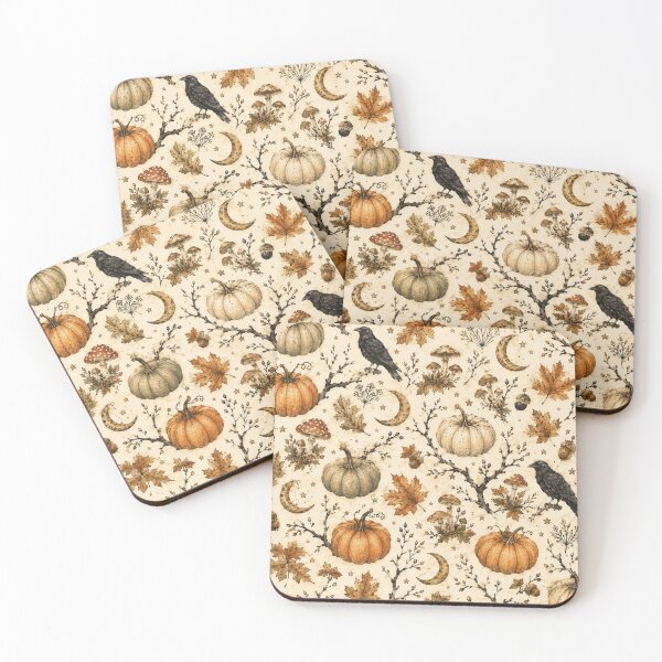 Item preview, Vintage Autumn Woodland Pattern with Pumpkins Ravens Mushrooms and Moon designed and sold by DreamPixelPrint.