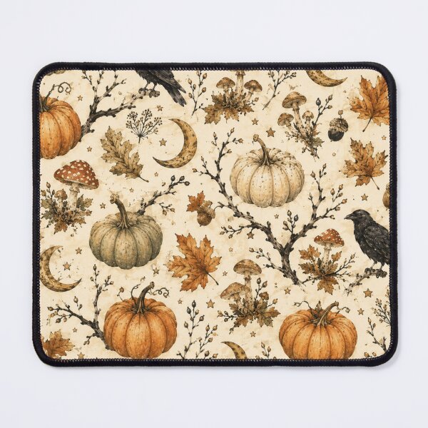 Item preview, Vintage Autumn Woodland Pattern with Pumpkins Ravens Mushrooms and Moon designed and sold by DreamPixelPrint.