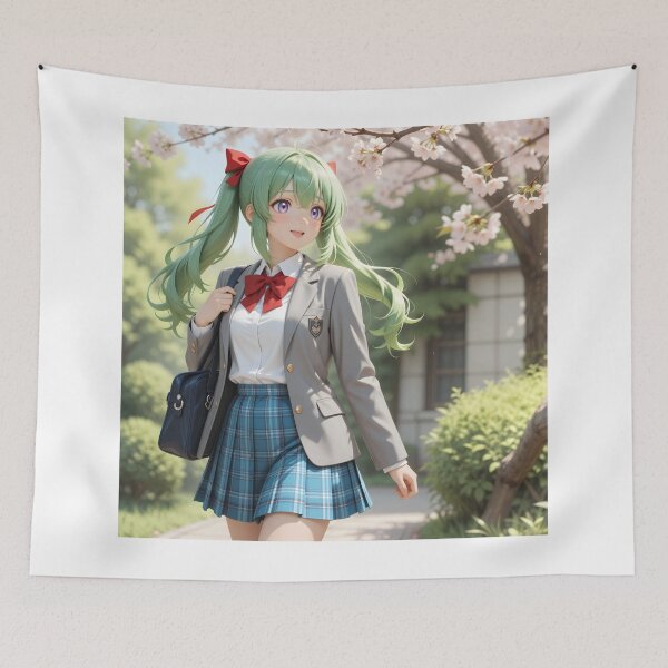 Item preview, Green Haired Anime Schoolgirl Under Cherry Blossoms Spring Sakura Art designed and sold by Killington.