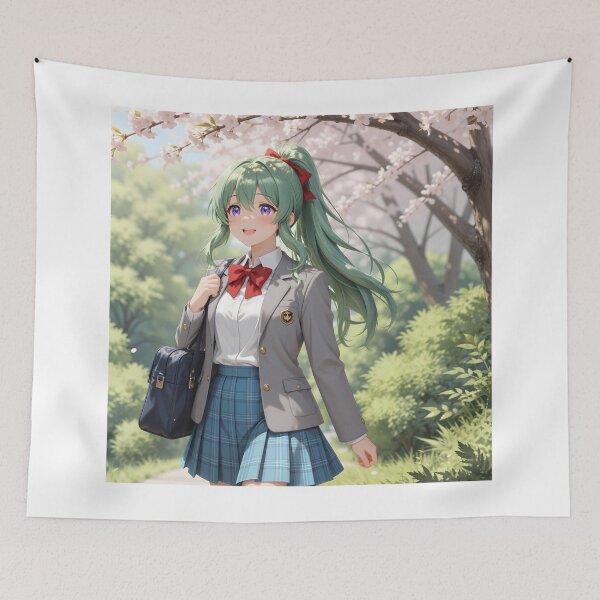 Item preview, Green Haired Anime Schoolgirl with Cherry Blossoms Sakura Spring Art designed and sold by Killington.