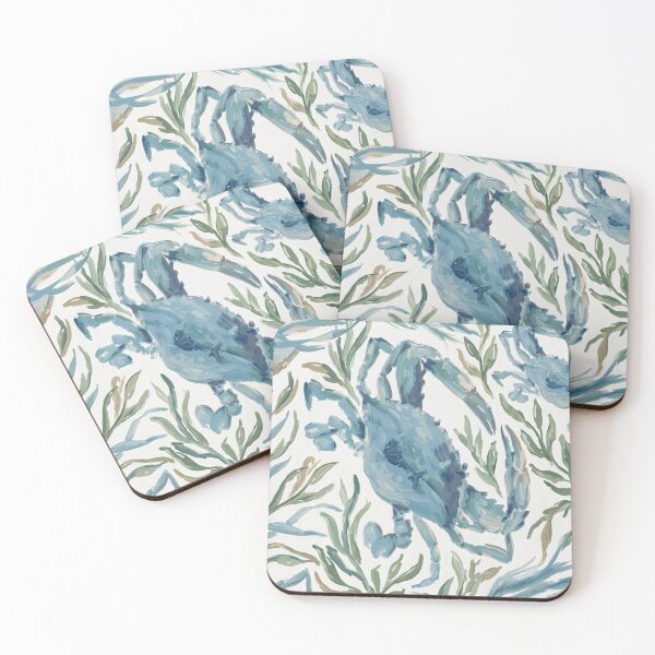 Item preview, Watercolor Blue Crab & Seaweed Pattern — Coastal Nautical Print designed and sold by FawnFeatherCo.