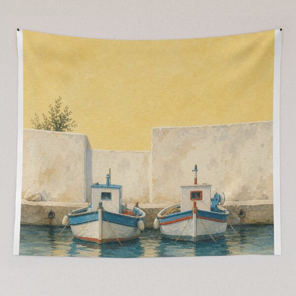 Item preview, Fishing Boats in a Tiny Harbor Watercolour designed and sold by GoldenHourWalls.
