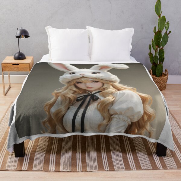 Item preview, Blonde Anime Bunny Girl Fluffy White Rabbit Hat Portrait designed and sold by Killington.
