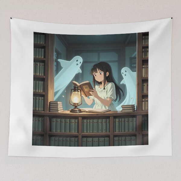 Item preview, Haunted Library Anime Girl Cute Ghosts and Magical Lantern designed and sold by Killington.