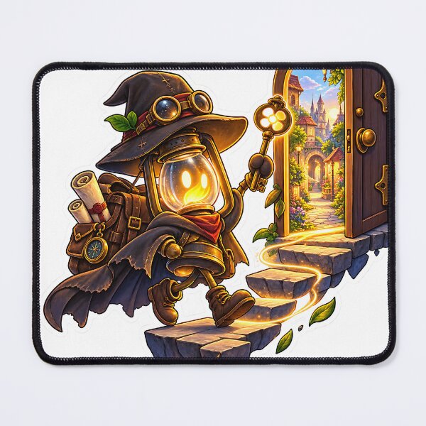 Item preview, Steampunk Lantern Adventurer Magical Door Fantasy Illustration designed and sold by GenZStickerHub1.