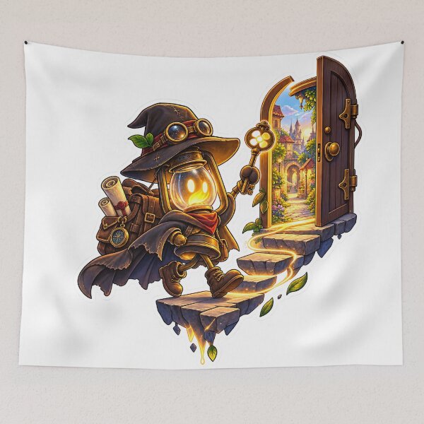 Item preview, Steampunk Lantern Adventurer Magical Door Fantasy Illustration designed and sold by GenZStickerHub1.