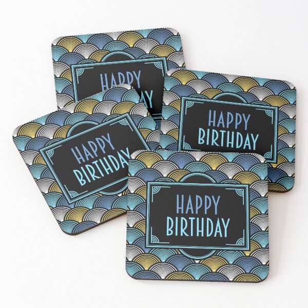 Item preview, Happy Birthday - Art Deco Fans Blue Yellow designed and sold by Pinkdeer Designs.
