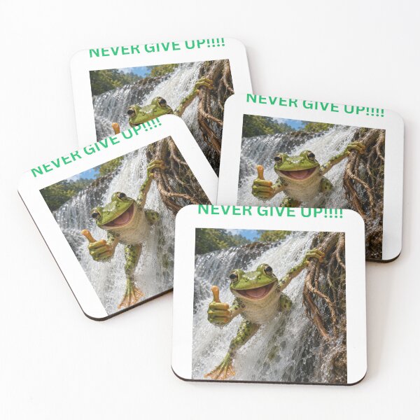 Item preview, A frog, going over a waterfall, says "Never give up!".  designed and sold by me-me-me74.
