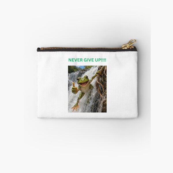 Item preview, A frog, going over a waterfall, says "Never give up!".  designed and sold by me-me-me74.