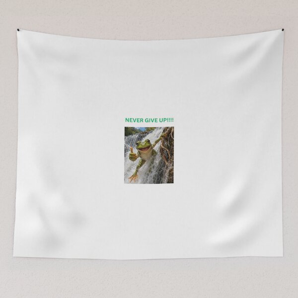 Item preview, A frog, going over a waterfall, says "Never give up!".  designed and sold by me-me-me74.