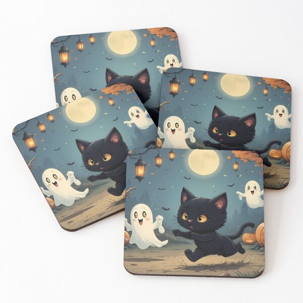 Item preview, ⁠Cute Halloween Black Cat Playing with Friendly Ghosts and Jack o Lanterns⁠ designed and sold by Julia9632.