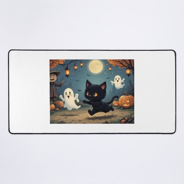 Item preview, Cute Halloween Black Cat Playing with Friendly Ghosts and Jack o Lanterns designed and sold by Julia9632.