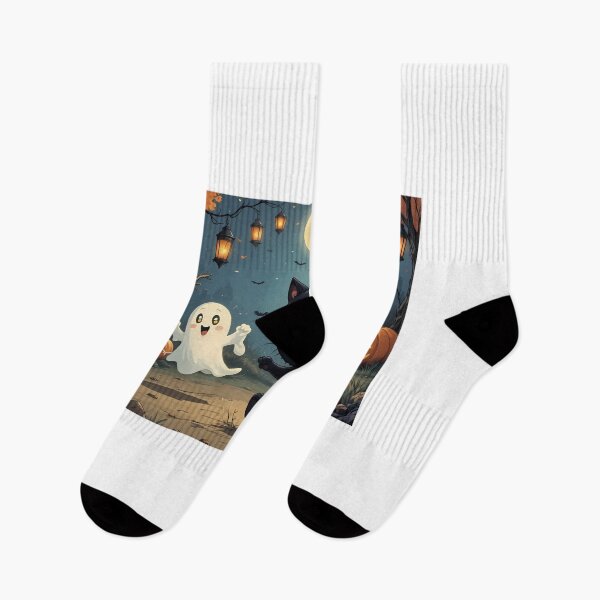 Item preview, ⁠Cute Halloween Black Cat Playing with Friendly Ghosts and Jack o Lanterns⁠ designed and sold by Julia9632.