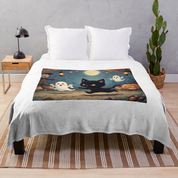 Item preview, ⁠Cute Halloween Black Cat Playing with Friendly Ghosts and Jack o Lanterns⁠ designed and sold by Julia9632.
