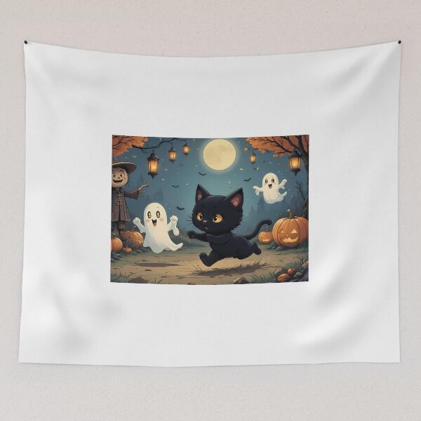 Item preview, ⁠Cute Halloween Black Cat Playing with Friendly Ghosts and Jack o Lanterns⁠ designed and sold by Julia9632.
