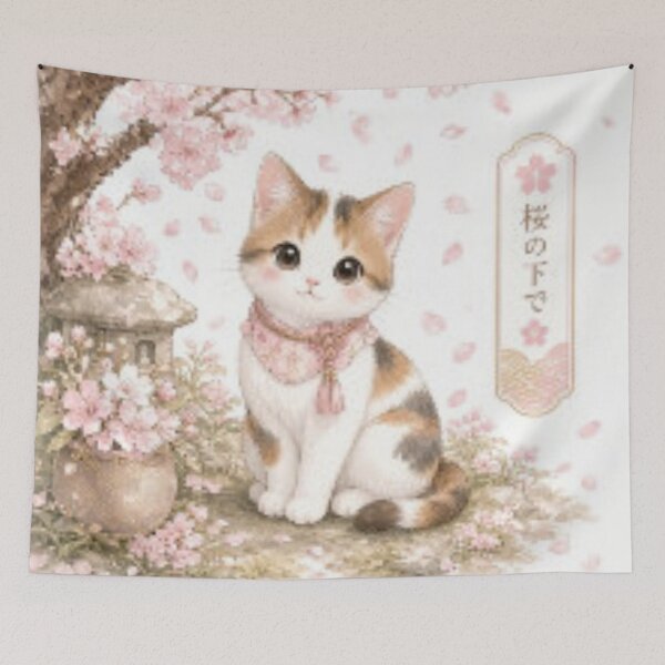 Item preview, Japanese Calico Cat Under Cherry Blossom Tree designed and sold by PetalsPaws.